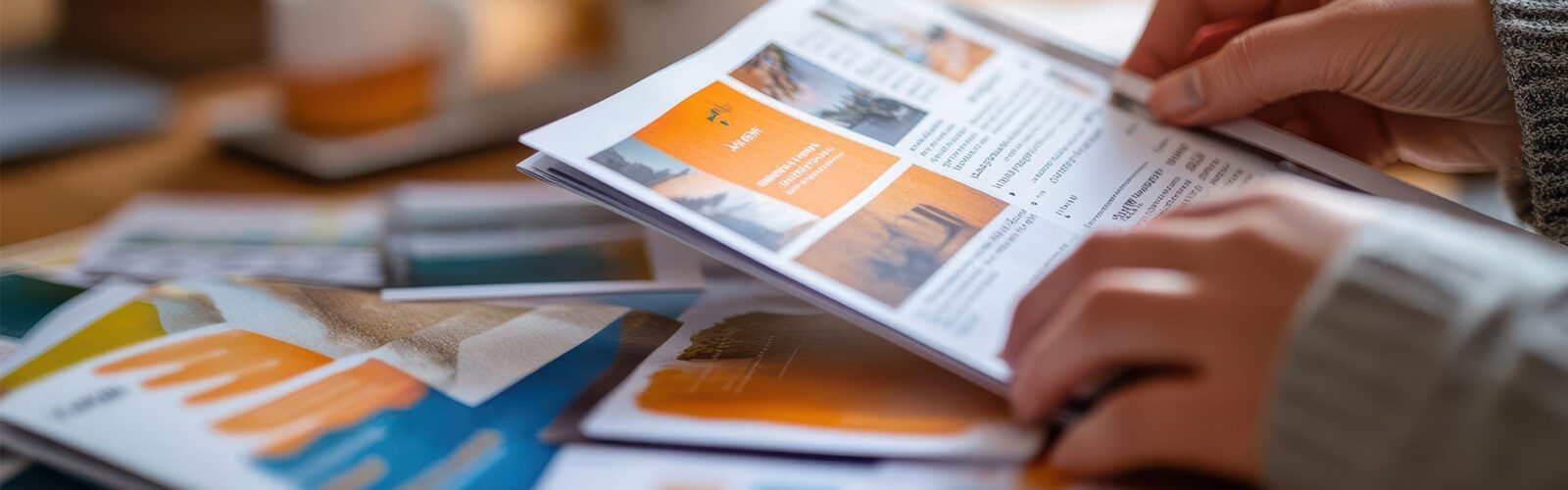 Close-up of hands flipping through marketing brochures during a brand discussion, Brochure Review, Evaluating existing brand materials