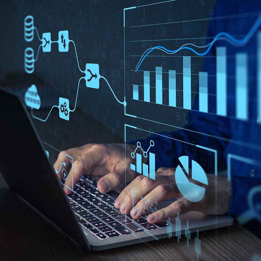 Analyst working with Business Analytics and Data Management System on computer to make report with KPI and metrics connected to database. Corporate strategy for finance, operations, sales, marketing stock photo