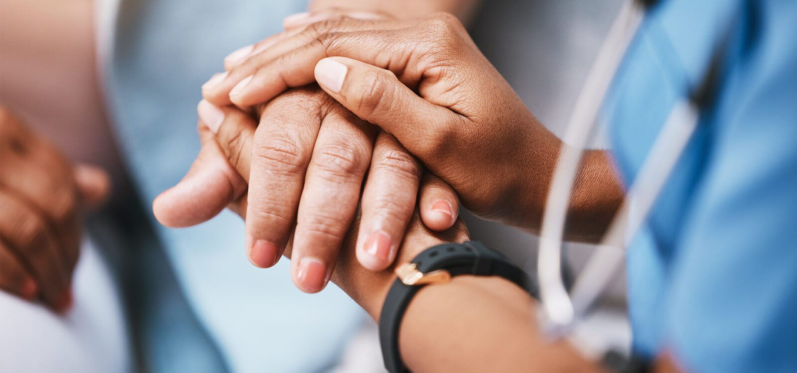 Empathy, trust and nurse holding hands with patient for help, consulting support and healthcare advice.