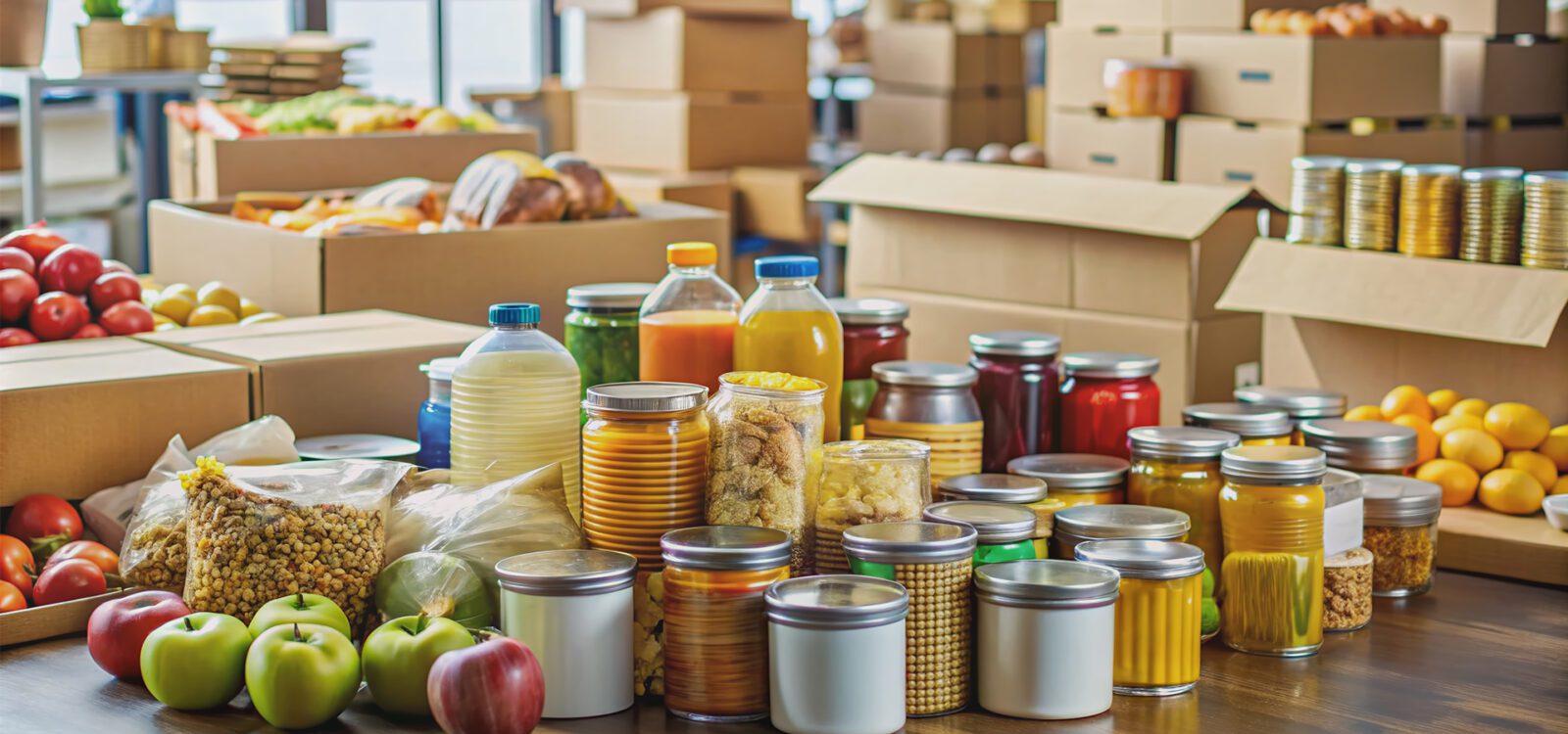 Assorted foods and groceries stacked on tables, with open boxes and packing supplies nearby, awaiting assembly for charity or food bank donation distribution.