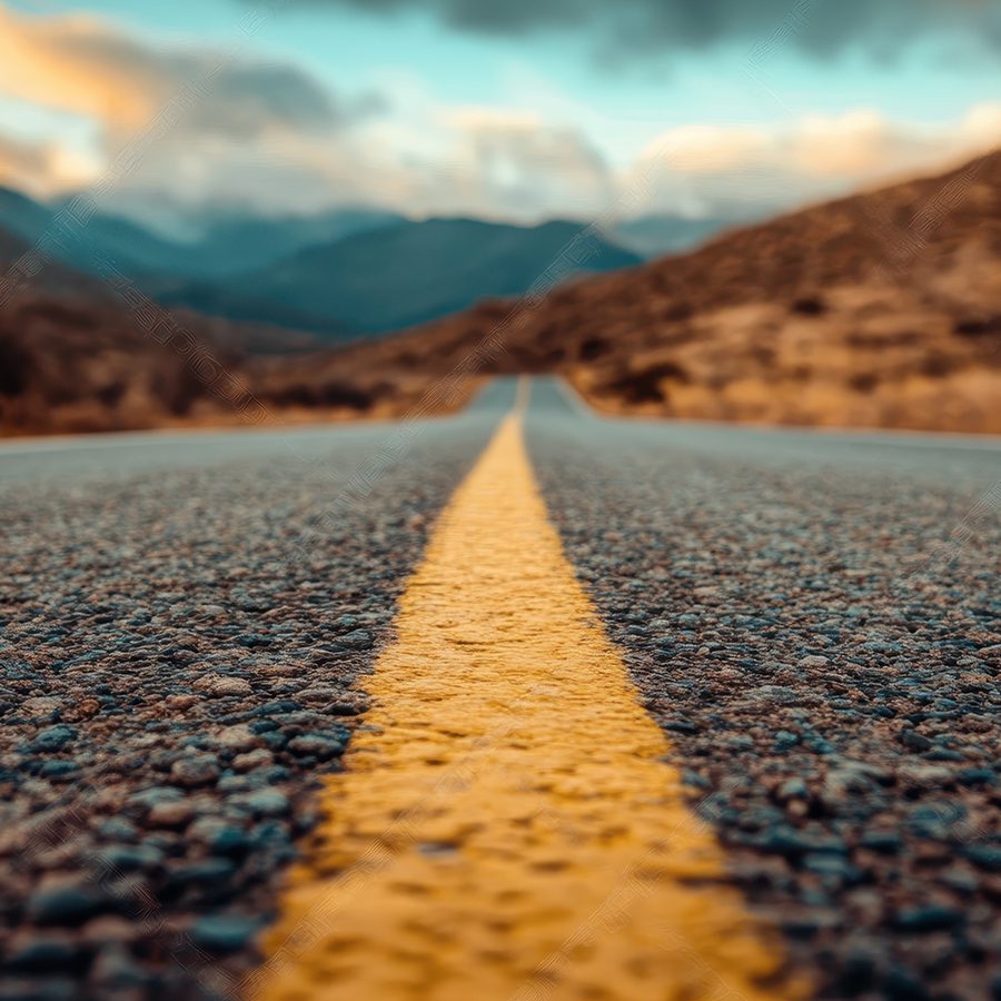 A long, empty road runs straight into the far-off mountains, embodying the themes of adventure, solitude, and endless possibilities under a vast, swirling sky.