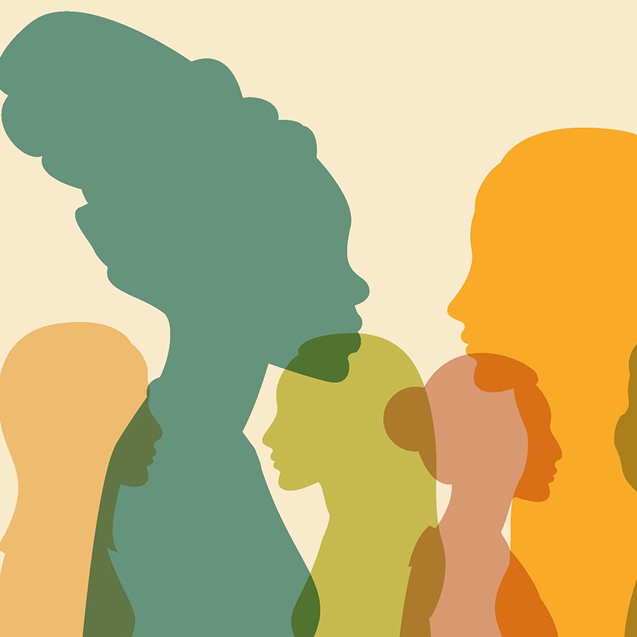 Silhouettes of women from different cultures. Multicultural society. The concept of racial equality and anti-racism. Communication and friendship of women of different nationalities.